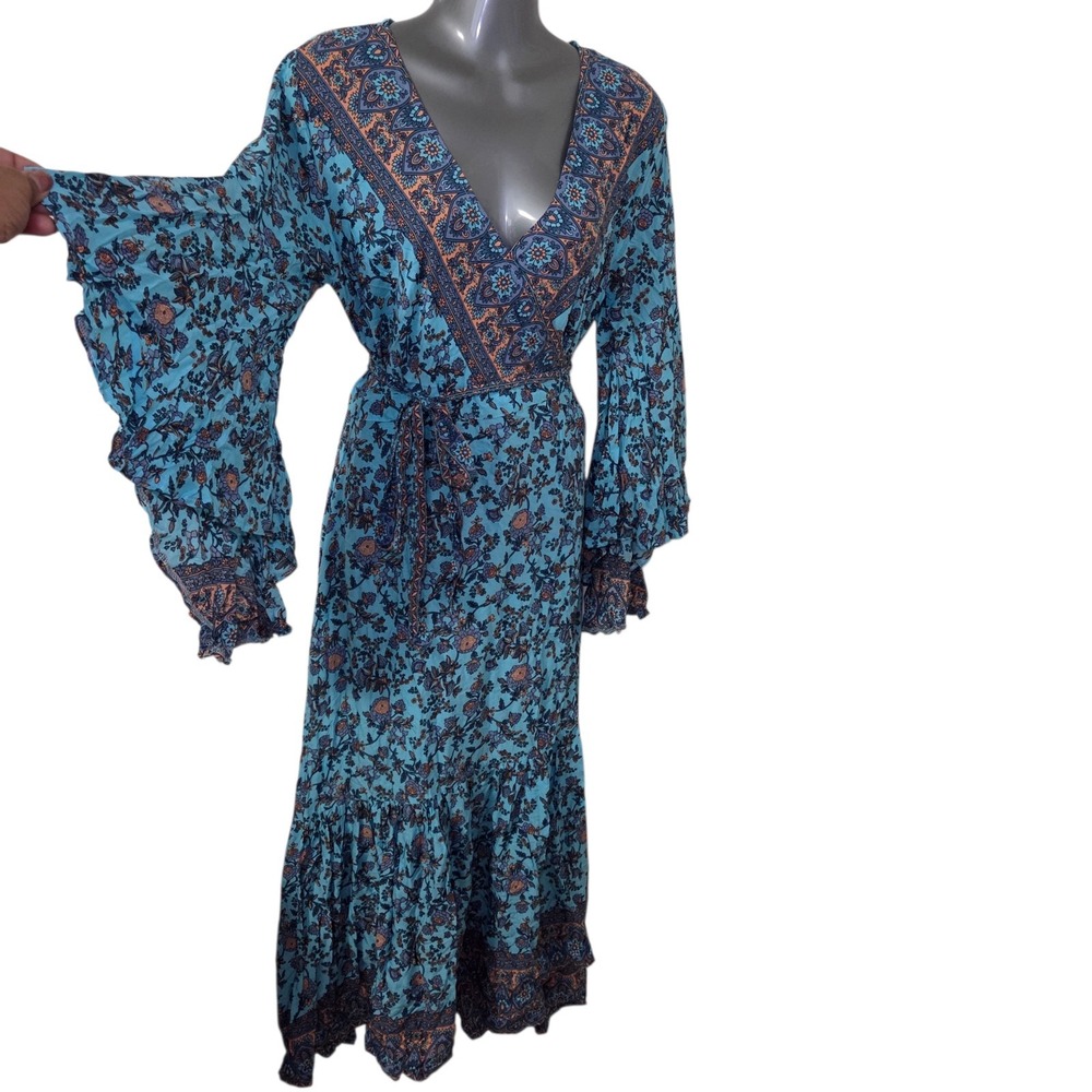 The Adventure Dress Blue Floral Boho Festival Wrap Dress Long Sleeve Women's XS